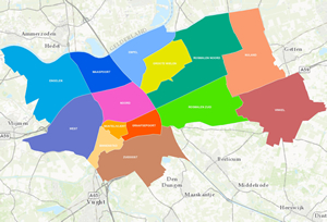 Kaart van 's-Hertogenbosch met per wijk een ingekleurd vak. Er zijn veertien wijken in totaal.