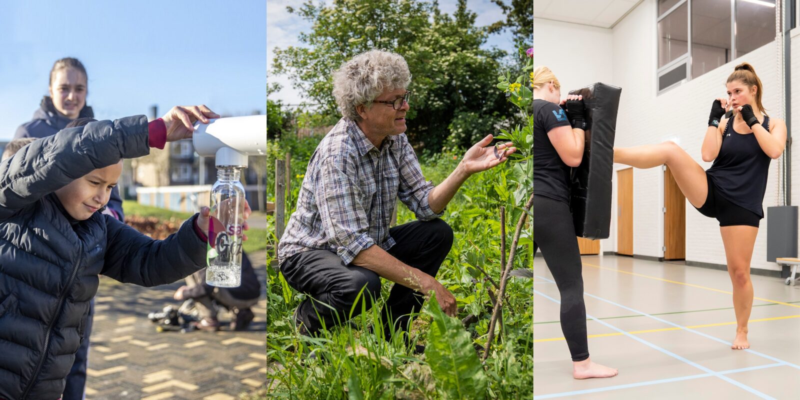 Een collage met drie foto's over Samen Gezond, waarbij een meisje haar flesje met water vult, een man op zijn hurken zit bij een tuin en een meisje aan het boksen is